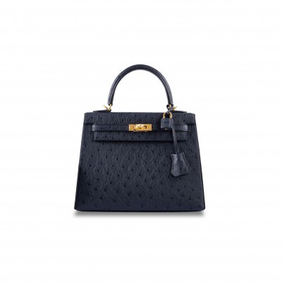 HERMÈS MASTER KELLY 28 SELLIER SAPPHIRE OSTRICH LEATHER GOLD HARDWARE (28*22*10cm) 